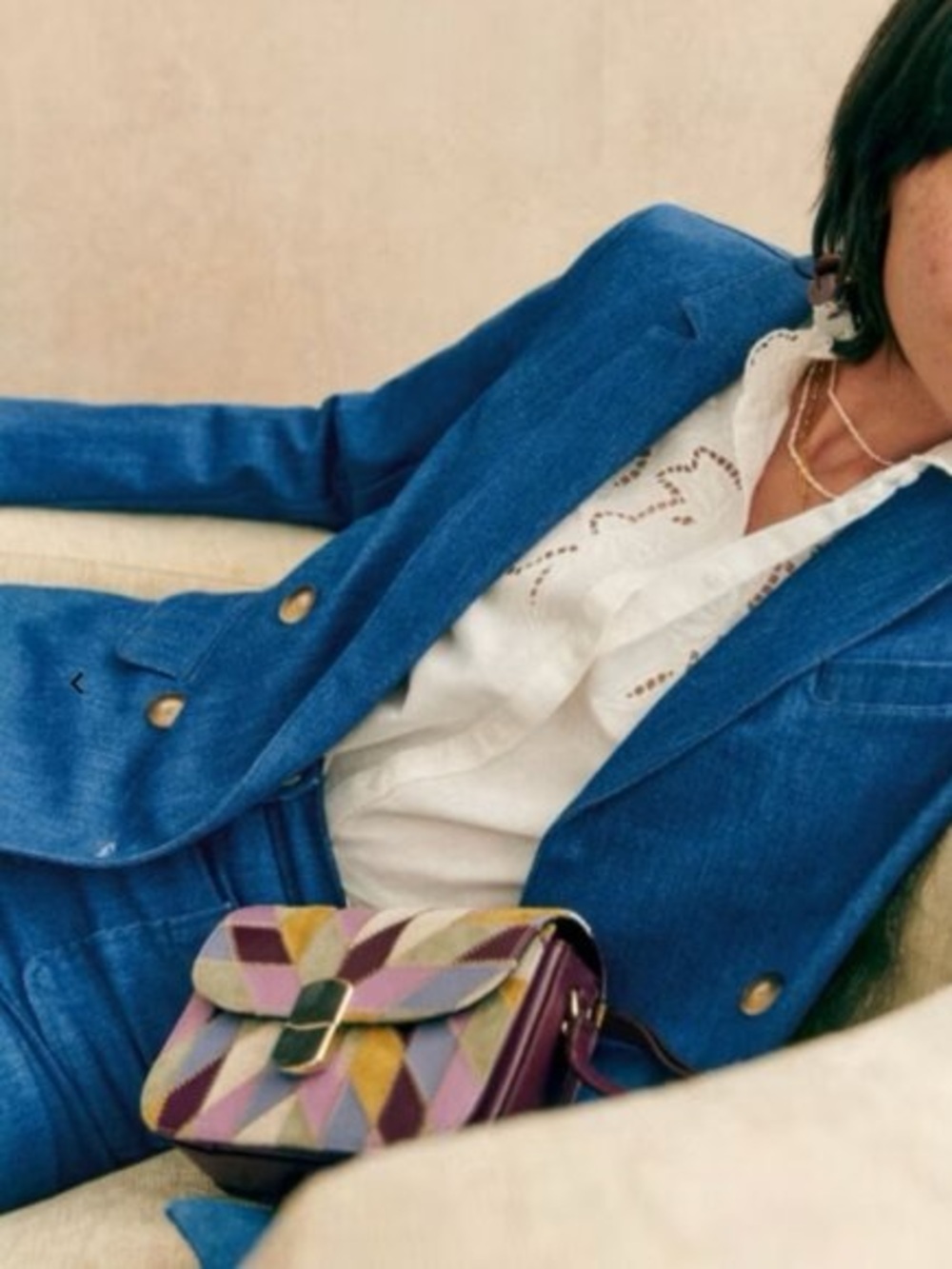 SEZANE NWT Blue Denim Cotton Double Breasted Lapels Blazer Christie Suit Jacket - Picture 8 of 17